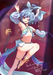Rule 34 | 1girl, alternate costume, animal ear fluff, animal ears, anklet, blue nails, blush, dancer, grey hair, highres, jewelry, mouse ears, mouse tail, navel, nazrin, necklace, no bra, one eye closed, pendant, red eyes, revealing clothes, sandals, see-through, short hair, signature, solo, sparkle, standing, standing on one leg, tail, tail ornament, take no ko (4919400), touhou