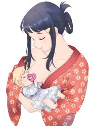 Rule 34 | 1boy, 1girl, aged up, akari (pokemon), baby, barefoot, black hair, blonde hair, breastfeeding, breasts, carrying, closed eyes, closed mouth, commentary request, creatures (company), eyelashes, floral print, game freak, hair ornament, hairclip, hana e (ka e0128), highres, if they mated, japanese clothes, kimono, long hair, mother and son, nintendo, orange kimono, pokemon, pokemon legends: arceus, shiny skin, short hair, sidelocks, simple background, smile, toes, white background