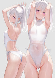 Rule 34 | 1girl, :t, armpits, arms up, ass, back, bare arms, bare shoulders, blush, breasts, closed mouth, covered navel, cowboy shot, from behind, grey background, groin, hair between eyes, halterneck, hands in hair, head tilt, highleg, highleg swimsuit, highres, long hair, looking at viewer, looking back, mignon, multiple views, one-piece swimsuit, original, parted lips, pink eyes, pout, see-through, shiro-chan (mignon), side-tie swimsuit, simple background, skindentation, small breasts, standing, swimsuit, thigh gap, thighs, wet, white hair, white one-piece swimsuit