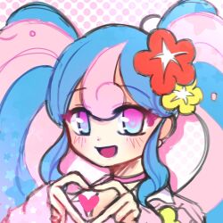 Rule 34 | 1girl, blue eyes, blue hair, creatures (company), flower ornament, game freak, hatsune miku, heart, heart hands, highres, human experiment (wwinterdotcom), jewelry, necklace, nintendo, pink eyes, pink hair, pokemon, project voltage, smile, solo, twintails, vocaloid