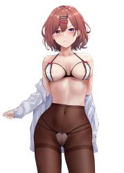 Rule 34 | absurdres, blush, bow, bow bra, bra, breasts, brown hair, brown pantyhose, covered erect nipples, hair ornament, hairclip, hibika, highres, higuchi madoka, idolmaster, idolmaster shiny colors, lingerie, medium breasts, midriff, multi-strapped panties, navel, off shoulder, open clothes, open shirt, panties, panties under pantyhose, pantyhose, purple eyes, shirt, thighband pantyhose, underwear, undressing, white shirt
