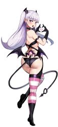 Rule 34 | 1girl, absurdres, agetama, arm strap, bare shoulders, black gloves, black panties, blush, demon girl, demon tail, demon wings, earrings, elbow gloves, full body, gloves, heart, heart hands, highres, horns, jewelry, long hair, looking at viewer, looking back, low wings, naruse maria, open mouth, panties, purple eyes, purple hair, shinmai maou no testament, simple background, solo, striped clothes, striped thighhighs, tail, thighhighs, underwear, white background, wings