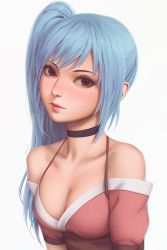 Rule 34 | 1girl, bad id, bad pixiv id, bare shoulders, black neckwear, blue hair, blush, breasts, choker, cleavage, closed mouth, collarbone, commission, eyelashes, head tilt, highres, lips, looking at viewer, medium breasts, miura-n315, nose blush, off-shoulder shirt, off shoulder, original, red eyes, shirt, short sleeves, simple background, solo, upper body, white background