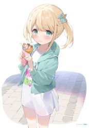 Rule 34 | 1girl, absurdres, aqua eyes, blonde hair, blush, bow, child, closed mouth, cream, cream on face, crepe, eating, fingernails, food, food on face, fruit, hair ornament, hana mori, highres, holding, holding food, hololive, hood, hood down, hooded jacket, ice cream, jacket, kazama iroha, long shirt, long sleeves, looking at viewer, medium hair, open clothes, page number, ribbon, scan, short twintails, simple background, standing, strawberry, twintails, virtual youtuber, zipper, zipper pull tab