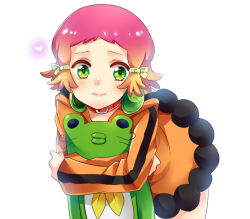 Rule 34 | 1girl, aquarion (series), aquarion evol, bent over, choker, closed mouth, commentary request, gradient hair, green eyes, green headphones, hair ornament, headphones, headphones around neck, heart, hugging object, looking at viewer, multicolored hair, orange hair, orange skirt, pink hair, shishina, simple background, skirt, smile, solo, stuffed animal, stuffed frog, stuffed toy, tama (aquarion), white background, yunoha thrul