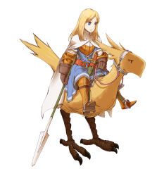 Rule 34 | 06erunium, 1girl, armor, armored dress, blonde hair, blue eyes, boots, bridle, cape, chocobo, dagger, empty eyes, final fantasy, final fantasy tactics, gloves, highres, knife, knight (fft), long hair, polearm, riding, solo, spear, square enix, sword, weapon