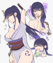 Rule 34 | 1girl, arm tattoo, artist name, bare shoulders, blush, breasts, cleavage, closed eyes, closed mouth, collarbone, cowboy shot, earrings, eating, floccioes, genshin impact, hair between eyes, heart, holding, holding sword, holding weapon, japanese clothes, jewelry, kimono, large breasts, leg tattoo, looking at viewer, multiple views, parted lips, ponytail, purple eyes, purple hair, raiden shogun, shoulder tattoo, sidelocks, simple background, sword, tattoo, thighs, upper body, weapon