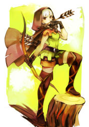 Rule 34 | 1girl, arrow (projectile), bad id, bad pixiv id, boots, bow (weapon), braid, cloak, dragon&#039;s crown, elf, elf (dragon&#039;s crown), hood, mon (sugimo321), pointy ears, red eyes, solo, thigh boots, thighhighs, tree stump, twin braids, weapon, white hair