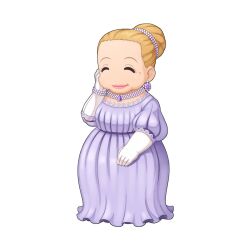 Rule 34 | 1girl, blonde hair, chibi, chibi only, closed eyes, closed mouth, cotnes, dress, earrings, full body, gem, gloves, hair bun, hand on own cheek, hand on own face, jewelry, lace, lace-trimmed dress, lace trim, long dress, necklace, official art, old, old woman, pearl earrings, pearl hair ornament, pearl necklace, purple dress, purple gemstone, ragnarok online, simple background, single hair bun, smile, solo, transparent background, white gloves, yuichirou