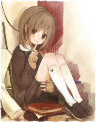 Rule 34 | 1girl, book, brown eyes, brown hair, finger to mouth, looking at viewer, mikanniro, original, sitting, skirt, smile, socks, solo, stuffed animal, stuffed toy, teddy bear
