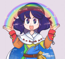 Rule 34 | 1girl, :d, belt, blue hair, cape, cloak, dress, hairband, happy, keb00b, multicolored clothes, multicolored dress, multicolored eyes, multicolored hairband, open mouth, patchwork clothes, rainbow, rainbow gradient, red button, sky print, smile, solo, tenkyuu chimata, touhou, two-sided cape, two-sided fabric, watermark, white cape, zipper