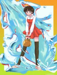 Rule 34 | 1girl, black eyes, black hair, black thighhighs, blunt bangs, border, commentary, dress, film grain, gradient border, green border, highres, holding kettle, kettle, kmr doodle, loafers, long sleeves, looking at viewer, orange border, own hands together, ranma 1/2, red dress, shirt, shoes, short dress, short hair, solo, splashing, tendou akane, thighhighs, v arms, water, white footwear, white shirt, yellow border, zettai ryouiki