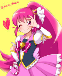 Rule 34 | 10s, 1girl, aino megumi, bow, brooch, cowboy shot, cure lovely, don (748826), earrings, hair ornament, hand on own hip, happinesscharge precure!, heart, heart brooch, heart earrings, heart hair ornament, jewelry, long hair, looking at viewer, magical girl, money gesture, one eye closed, pink bow, pink eyes, pink hair, pink skirt, precure, skirt, smile, solo, twitter username, wide ponytail, wrist cuffs, yellow background