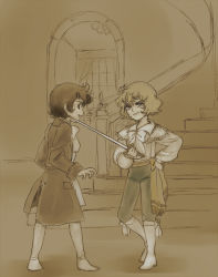Rule 34 | 1970s (style), 1boy, 1girl, aged down, andre grandier, androgynous, bad id, bad pixiv id, child, hand on own hip, hip focus, hirumae, nervous, oldschool, oscar francois de jarjayes, retro artstyle, reverse trap, short hair, stairs, sword, versailles no bara, weapon