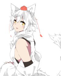 Rule 34 | 1girl, :d, absurdres, animal ear fluff, animal ears, bare shoulders, breasts, detached sleeves, hat, highres, houkai (collapse illust), inubashiri momiji, looking at viewer, open mouth, shirt, short hair, sideboob, simple background, smile, solo, tail, tokin hat, touhou, upper body, white background, white hair, white shirt, white sleeves, wolf ears, wolf girl, wolf tail, yellow eyes