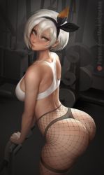 Rule 34 | 1girl, arched back, arm support, ass, back, bea (pokemon), black hairband, black panties, black shorts, breasts, closed mouth, creatures (company), dark-skinned female, dark skin, fishnet pantyhose, fishnets, from side, game freak, grey eyes, grey hair, gym, gym equipment, hair between eyes, hairband, looking at viewer, medium breasts, meekohopanes, nintendo, panties, pantyhose, patreon username, pokemon, pokemon swsh, short hair, shorts, sideboob, solo, sports bra, thigh strap, thong, underwear, weights, white sports bra