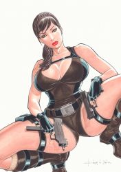 Rule 34 | 1girl, absurdres, arms up, artist name, artist request, ass, boots, braid, braided ponytail, breasts, brown hair, fingerless gloves, gloves, highres, holding, holding weapon, lara croft, large breasts, lips, long hair, looking at viewer, messy hair, parted lips, shiny skin, shirt, short shorts, shorts, squatting, tank top, thighs, tomb raider, traditional media, very long hair, weapon, wide hips