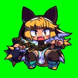 Rule 34 | 1girl, asymmetrical hair, ball and chain (weapon), blonde hair, blue footwear, blunt bangs, blush, bombergirl, boots, brown coif, brown necktie, brown thighhighs, coif, commentary request, cookie (touhou), cosplay, dress, fang, fold-over boots, fox girl, fox tail, full body, green background, highres, long hair, looking at viewer, miramikaru riran, necktie, open mouth, orange eyes, pelvic curtain, sepia belmont, sepia belmont (cosplay), simple background, smile, solo, spiked ball and chain, squatting, tail, thighhighs, tonchamon san, white dress