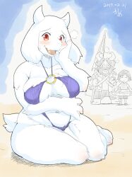 Rule 34 | 1boy, 1girl, 1other, :3, alternate costume, animal ears, animal feet, artist name, asgore dreemurr, bare shoulders, barefoot, beach, beach umbrella, beard, blue sky, blush, body fur, breast hold, breasts, breasts apart, breath, closed eyes, closed mouth, collarbone, collared shirt, dated, expressionless, facial hair, fangs, floral print, frisk (undertale), full body, furry, furry female, furry male, goat boy, goat ears, goat girl, goat horns, goat tail, hair intakes, hand on own cheek, hand on own face, hand up, happy, hawaiian shirt, highres, holding, holding umbrella, horns, innertube, kame (3t), large breasts, looking at another, looking at viewer, mustache, nose blush, o-ring, o-ring swimsuit, one-piece swimsuit, open mouth, outline, partially colored, purple one-piece swimsuit, purple slingshot swimsuit, raised eyebrows, red eyes, sand, sandals, shirt, short hair, short sleeves, shorts, signature, sitting, skin fangs, skindentation, sky, slingshot swimsuit, smile, solo focus, striped clothes, striped shirt, sweat, swim ring, swimsuit, thick thighs, thighs, toriel, umbrella, undertale, white fur, white horns, white outline, wide-eyed, wide hips, yokozuwari