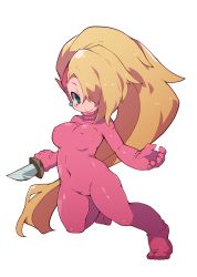 Rule 34 | 1girl, absurdres, blonde hair, blush, bodysuit, breasts, closed mouth, covered erect nipples, covered navel, dagger, earrings, full body, green eyes, hair over one eye, hairband, highres, holding, holding dagger, holding knife, holding weapon, jewelry, knife, kunoichi (live a live), live a live, long hair, looking at viewer, medium breasts, no nose, pink bodysuit, pink hairband, simple background, skin tight, smile, solo, turtleneck, very long hair, weapon, white background, zankuro
