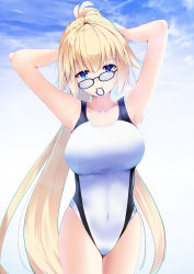 Rule 34 | 1girl, adjusting hair, arms behind head, blue eyes, breasts, collarbone, commentary, competition swimsuit, covered navel, crooked eyewear, fate/grand order, fate (series), glasses, head tilt, highres, jeanne d&#039;arc (fate), jeanne d&#039;arc (ruler) (fate), jeanne d&#039;arc (swimsuit archer) (fate), jeanne d&#039;arc (swimsuit archer) (second ascension) (fate), large breasts, long hair, looking at viewer, mari (doraerin0), mouth hold, one-piece swimsuit, ponytail, solo, swimsuit, very long hair, white one-piece swimsuit