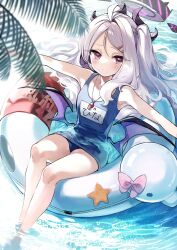 Rule 34 | 1girl, absurdres, ahoge, armpits, blue archive, blurry, collarbone, commentary request, demon girl, demon horns, demon wings, depth of field, forehead, hair ornament, hairclip, halo, highres, hina (blue archive), hina (swimsuit) (blue archive), horns, in water, kurihara sakura, long hair, looking at viewer, name tag, ocean, official alternate costume, official alternate hairstyle, old school swimsuit, on innertube, outdoors, outstretched arms, parted bangs, purple eyes, school swimsuit, sidelocks, sleeveless, solo, spread arms, swimsuit, wavy hair, whistle, whistle around neck, white hair, wings