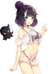 Rule 34 | 1girl, :d, animal, bare shoulders, bikini, black bikini, blunt bangs, blush, breasts, collarbone, fate/grand order, fate (series), food, groin, hair bun, hair ornament, hairclip, hand gesture, hand up, highres, hip focus, katsushika hokusai (fate), looking at viewer, medium breasts, miniskirt, navel, octopus, off shoulder, open mouth, paintbrush, popsicle, purple eyes, purple hair, see-through, silver (chenwen), simple background, single hair bun, skirt, smile, solo, swimsuit, v, white background