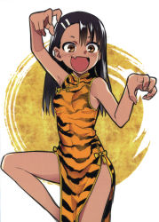 Rule 34 | 774 (nanashi), absurdres, animal print, black hair, brown eyes, china dress, chinese clothes, claw pose, dress, earclip, fang, fighting stance, hair ornament, hairclip, highres, ijiranaide nagatoro-san, nagatoro hayase, open mouth, qipao dress, simple background, skin fang, smile, standing, standing on one leg, thighs, tiger print