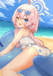 Rule 34 | 1girl, 8 nana usagi, absurdres, ahoge, ass, bandaid, bandaid on leg, beach, bikini, blue-tinted eyewear, blue archive, blue eyes, blue sky, breasts, cloud, criss-cross back-straps, eyewear on head, fang, frilled bikini, frills, from behind, hair between eyes, hair bobbles, hair ornament, halo, heterochromia, highres, hoshino (blue archive), hoshino (swimsuit) (blue archive), inflatable toy, inflatable whale, long hair, looking at viewer, looking back, low twintails, ocean, official alternate costume, open mouth, outdoors, pink hair, pink halo, sand, sky, small breasts, smile, solo, sunglasses, swimsuit, tinted eyewear, twintails, white-framed eyewear, white bikini, yellow eyes