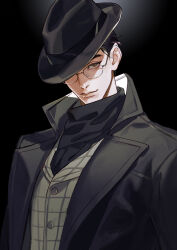 Rule 34 | 1boy, absurdres, black background, black hair, black hat, black scarf, character request, closed mouth, coat, elrohirz, formal, glasses, grey coat, grey vest, hashtag-only commentary, hat, hat over one eye, highres, long sleeves, looking at viewer, lord of the mysteries, male focus, one eye covered, scarf, short hair, smile, solo, upper body, vest