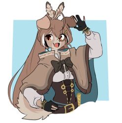 Rule 34 | 1girl, ahoge, alternate costume, animal ears, belt, brown capelet, brown cloak, brown corset, brown eyes, brown fur, brown hair, cape, capelet, cleavage cutout, cloak, clothing cutout, corset, crossed bangs, dagger, dog ears, dog girl, dog tail, fang, feather hair ornament, feathers, furrification, furry, furry female, gloves, hair ornament, hairclip, highres, hololive, hololive english, knife, long hair, multicolored hair, nanashi mumei, nanashi mumei (1st costume), partially fingerless gloves, ponytail, ribbon, shirt, simple background, sparxel, streaked hair, tail, very long hair, virtual youtuber, waving, weapon, white shirt