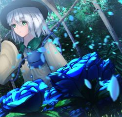 Rule 34 | 1girl, bad id, bad pixiv id, black hat, blouse, blue flower, blue rose, cacao devil, eyes visible through hair, flower, frilled sleeves, frills, green eyes, hair between eyes, hands in opposite sleeves, hat, heart, heart of string, iron bars, komeiji koishi, leaf, leaf background, looking at viewer, outdoors, parted lips, petals, rose, shirt, short hair, sideways glance, silver hair, solo, third eye, touhou, yellow shirt
