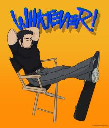 Rule 34 | 1boy, absurdres, arms behind head, beard stubble, black hair, cigarette, closed eyes, crossed legs, director&#039;s chair, english text, facial hair, full body, highres, lucas lee, male focus, muscular, muscular male, orange background, pectorals, scott pilgrim (series), scott pilgrim takes off, shirt, short hair, short sleeves, sitting, skateboard, smile, smoking, solo, stubble, t-shirt, thick eyebrows, tight clothes, tight shirt, vde m (nobodysbabynow1)