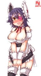 Rule 34 | 1girl, absurdres, alternate costume, apron, artist logo, black thighhighs, breasts, cleavage, commentary request, dated, enmaided, eyepatch, frilled apron, frilled shirt, frilled thighhighs, frills, garter straps, headgear, heart, heart eyepatch, highres, kanon (kurogane knights), kantai collection, large breasts, maid, purple hair, shirt, short hair, simple background, solo, tenryuu (kancolle), thighhighs, white apron, white background, wrist cuffs, yellow eyes
