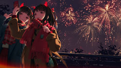 Rule 34 | 2girls, :d, absurdres, black hair, blue coat, brown coat, brown eyes, buttons, cellphone, coat, cowboy shot, dango, earrings, fake horns, fang, fireworks, food, green skirt, headband, highres, horns, jewelry, long hair, long sleeves, looking at object, multiple girls, new year, night, open mouth, original, outdoors, phone, plaid, plaid scarf, railing, red scarf, red skirt, red sweater, scarf, scenery, selfie, sidelocks, skirt, smartphone, smile, sweater, v, wagashi, zhuang yao