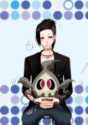 Rule 34 | 10s, 1boy, ?, absurdres, black hair, black sclera, blush stickers, chair, colored sclera, creatures (company), crossover, duskull, earrings, game freak, gen 3 pokemon, hands together, heart, highres, holding, interlocked fingers, jewelry, lip piercing, long hair, necklace, nintendo, open mouth, piercing, pokemon, pokemon (creature), ponytail, red eyes, sitting, tattoo, tokyo ghoul, uta (tokyo ghoul)
