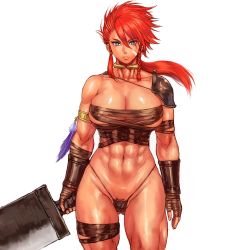 Rule 34 | 1girl, abs, armlet, armor, babel (shu-mai), bare shoulders, blue eyes, braid, breasts, bright pupils, budget sarashi, cleavage, closed mouth, collar, covered erect nipples, dragonslayer (sword), facial mark, feathers, female pubic hair, floating hair, gluteal fold, hair between eyes, highleg, highleg panties, holding, holding sword, holding weapon, large breasts, leg strap, looking at viewer, micro panties, muscular, muscular female, navel, original, panties, pauldrons, ponytail, pubic hair, red hair, sarashi, shoulder armor, shu-mai, side braid, simple background, single pauldron, solo, standing, sword, thigh strap, underwear, warrior, weapon, white background