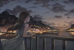 Rule 34 | 1girl, black hair, city lights, commentary request, dress, free style (yohan1754), hand on railing, highres, long hair, looking at viewer, looking back, mountain, night, ocean, original, railing, sleeveless, solo