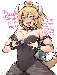 Rule 34 | 1girl, armlet, bare shoulders, black collar, black dress, blonde hair, blue eyes, blush, bowsette, bracelet, breast lift, breasts, brooch, cleavage, collar, covered navel, crown, dress, english text, fingernails, ge-b, grabbing, grabbing own breast, hair between eyes, horns, jewelry, large breasts, long hair, mario (series), nail polish, new super mario bros. u deluxe, nintendo, nose blush, open mouth, pink nails, pointy ears, grabbing own breast, sharp fingernails, sharp teeth, sidelocks, sketch, smile, smug, spiked armlet, spiked bracelet, spiked collar, spiked shell, spiked tail, spikes, strapless, strapless dress, super crown, tail, teeth, tongue, tongue out, turtle shell, twitter username