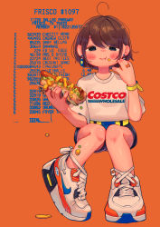 Rule 34 | 1girl, absurdres, battery, blush, brown hair, costco, earrings, eating, english text, food, full body, highres, holding, holding food, hot dog, invisible chair, jewelry, looking at viewer, more e 4km, orange background, original, ring, shirt, shoes, short hair, short sleeves, shorts, sitting, smile, solo, swept bangs, t-shirt, white shirt