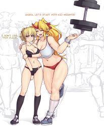 Rule 34 | 2girls, barbell, bare arms, bare shoulders, black footwear, black socks, blonde hair, breasts, cleavage, closed eyes, collarbone, commentary, contrapposto, covered erect nipples, cuffs, earrings, english text, green eyes, grey footwear, halterneck, hand up, hater (hatater), highres, horns, hoshiguma yuugi, jewelry, kneehighs, large breasts, long hair, looking away, medium breasts, midriff, mizuhashi parsee, multiple girls, navel, oni, open mouth, pointy ears, ponytail, sharp teeth, shoes, short hair, single horn, smile, sneakers, socks, standing, teeth, thighs, touhou, unfinished, sketch background, white background, white legwear, wristband