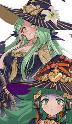Rule 34 | 2girls, absurdres, alternate costume, blush, braid, breasts, candy, cleavage, collarbone, commentary, fire emblem, fire emblem: three houses, fire emblem heroes, flower, food, gonzarez, green eyes, green hair, hair ribbon, halloween, halloween costume, hand on own cheek, hand on own face, hat, highres, large breasts, lily (flower), multiple girls, nintendo, official alternate costume, rhea (fire emblem), ribbon, smile, sothis (fire emblem), sweat, turn pale, twin braids, wavy mouth, white background, witch hat