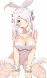 Rule 34 | 1girl, animal ears, aqua eyes, bare arms, bare shoulders, between legs, bow, bowtie, breasts, cccpo, cleavage, collarbone, commentary request, fake animal ears, fishnet thighhighs, fishnets, flats, hair bow, hair over one eye, hairband, half updo, head tilt, highres, large breasts, leotard, long hair, looking at viewer, mole, mole on breast, original, playboy bunny, rabbit ears, sidelocks, simple background, sitting, smile, solo, strapless, strapless leotard, thighhighs, wariza, white background, white bow, white bowtie, white footwear, white hair, white leotard, wrist cuffs