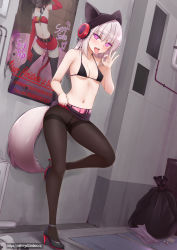 Rule 34 | 1girl, alley, anal, anal beads, anal object insertion, animal ears, arknights, bandeau, bare arms, bare shoulders, beanie, bed, belt, black belt, black bra, black choker, black footwear, black pantyhose, black skirt, bra, breasts, choker, clothes lift, collarbone, commentary, covered erect nipples, crotch seam, elbow gloves, english text, fellatio gesture, female focus, frostleaf (arknights), gloves, hand up, hat, head out of frame, headphones, heart, heart-shaped pupils, highres, hypnosis, implied extra ears, lifted by self, long hair, looking at viewer, mind control, navel, nintendo, object insertion, open mouth, oral invitation, outdoors, panties, panties under pantyhose, pantyhose, pink belt, poster (object), purple eyes, red gloves, red skirt, santa costume, sex toy, shoes, silver hair, skirt, skirt lift, small breasts, solo, stomach, symbol-shaped pupils, tail, thighband pantyhose, thighhighs, tongue, tongue out, trash bag, underwear, vahn yourdoom, watermark, web address, zettai ryouiki