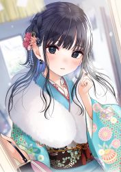 Rule 34 | 1girl, absurdres, black eyes, black hair, blue kimono, blurry, blurry background, blush, braid, commentary request, depth of field, floral print, flower, fur collar, furisode, hair flower, hair ornament, hands up, highres, japanese clothes, kentaurosu, kimono, long hair, long sleeves, looking at viewer, obi, original, parted lips, print kimono, red flower, sash, solo, upper body, wide sleeves