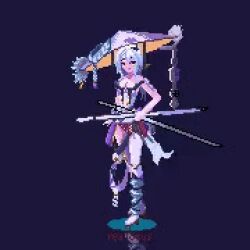 Rule 34 | 1girl, animated, animated gif, armor, blade, clothing cutout, fighting stance, full body, goddess of victory: nikke, grey hair, hat, holding, holding weapon, japanese armor, jingasa, large hat, leotard, long hair, lowres, pixel art, ready to draw, scarlet (nikke), sheath, sim (cq2189928737), solo, sword, ugoira, weapon, white leotard