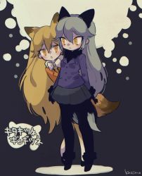 Rule 34 | 10s, 2girls, :&lt;, abstract background, animal ears, arms at sides, artist name, beige background, black background, black bow, black bowtie, black footwear, black gloves, black necktie, black pantyhose, blazer, blonde hair, blue jacket, blush, boots, bow, bowtie, buttons, character name, closed mouth, dot nose, expressionless, extra ears, eyelashes, ezo red fox (kemono friends), fox ears, fox tail, full body, fur-trimmed boots, fur-trimmed sleeves, fur trim, gloves, gradient legwear, grey background, grey hair, grey skirt, hair between eyes, hiding, hiding behind another, highres, jacket, japari symbol, kajino, kemono friends, long hair, long sleeves, looking at another, looking at viewer, looking to the side, multicolored background, multicolored clothes, multicolored legwear, multiple girls, necktie, open mouth, orange jacket, pantyhose, pleated skirt, pocket, romaji text, silver fox (kemono friends), skirt, standing, tail, tiptoes, triangle mouth, tsurime, two-tone legwear, very long hair, white bow, white bowtie, white legwear, yellow eyes, yellow legwear, yellow necktie