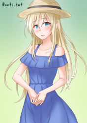 Rule 34 | 1girl, alternate costume, anti (untea9), blue dress, blue eyes, commentary request, cowboy shot, dress, gradient background, hat, highres, kantai collection, long hair, looking at viewer, open mouth, solo, standing, sun hat, sundress, twitter username, u-511 (kancolle)