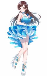 Rule 34 | 1girl, bad id, bad pixiv id, bare shoulders, blue choker, blue dress, blue nails, breasts, brown eyes, brown hair, caustics, choker, cleavage, corsage, dress, earrings, floral print, flower, full body, high heels, idolmaster, idolmaster cinderella girls, jewelry, knees together feet apart, large breasts, long hair, looking at viewer, misumi (macaroni), nail polish, nitta minami, pink flower, ribbon, simple background, smile, solo, standing, standing on one leg, toenail polish, toenails, white background, white footwear, white ribbon, wrist ribbon