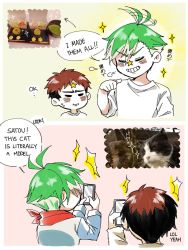 Rule 34 | 2boys, ahoge, ahoge wag, bad id, bad twitter id, beige jacket, black hair, blush, brown hair, cat, cellphone, commentary, daimonji ryugon, english commentary, english text, expressive hair, closed eyes, facial mark, green hair, grin, highres, holding, holding phone, jersey, long sleeves, male focus, multicolored hair, multiple boys, nanri (majiyamudaze), phone, photo inset, pointing, pointing at self, red eyes, red scarf, satou (daimonji ryugon), scarf, shirt, simple background, sleeveless, sleeveless jacket, smartphone, smile, sparkle, star (symbol), sweatdrop, taking picture, two-tone hair, virtual youtuber, voms, white hair, white shirt